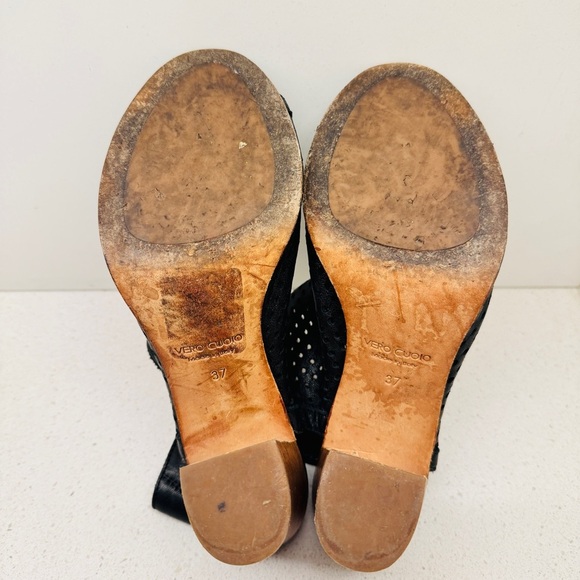 Mimosa Black Genuine Soft Leather Shoes Peep Toe Stacked Heel Sandals Sz 37 - Picture 13 of 15